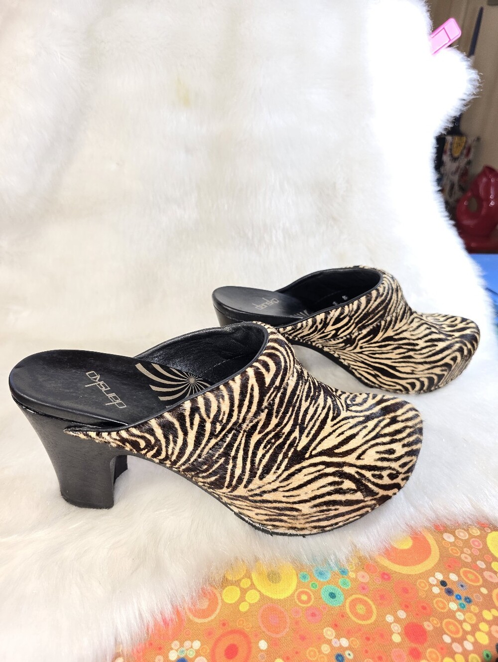 Dansko Women's  Bengal Tiger Print on Calf Hair Slip-on Mules in Black & Tan